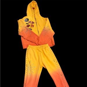 Men’s Yellow and Orange smoke rise Hoodie & pants set with Fun Patches
